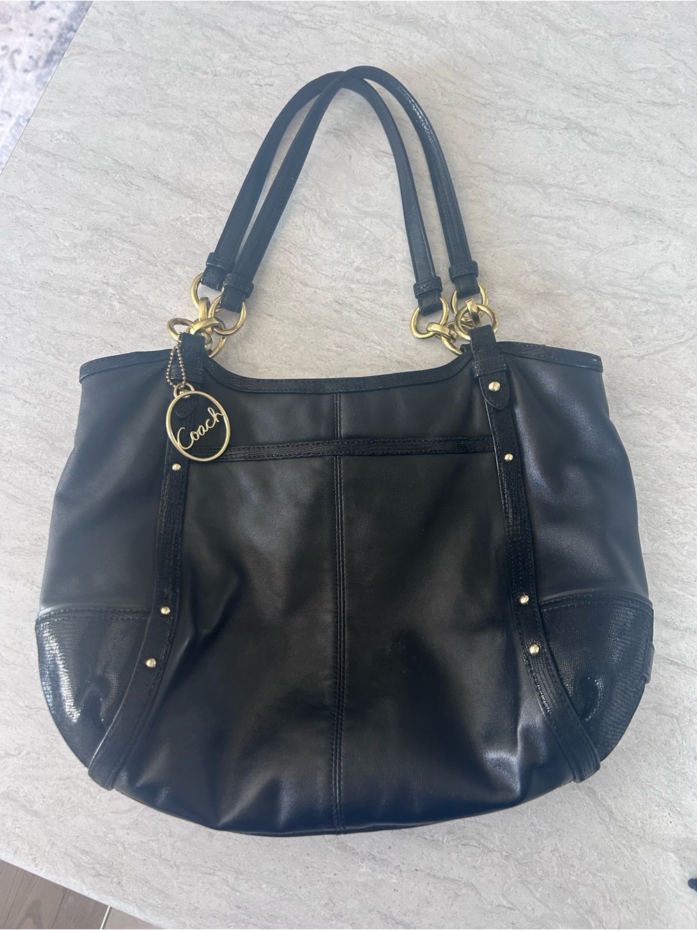 Coach Black Leather Shoulder Bag with Gold Hardware